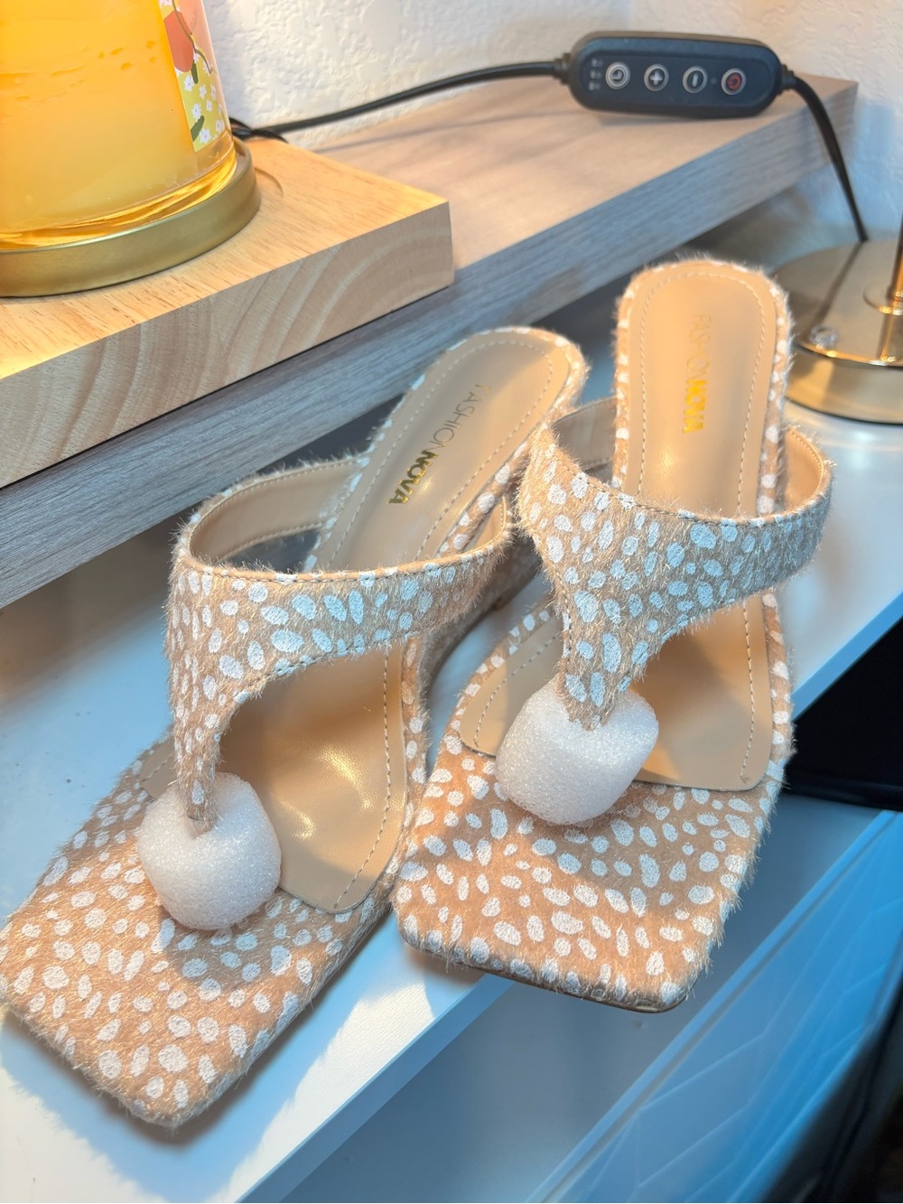 Fashion Nova Beige & White Pom-Toe Heeled Sandals